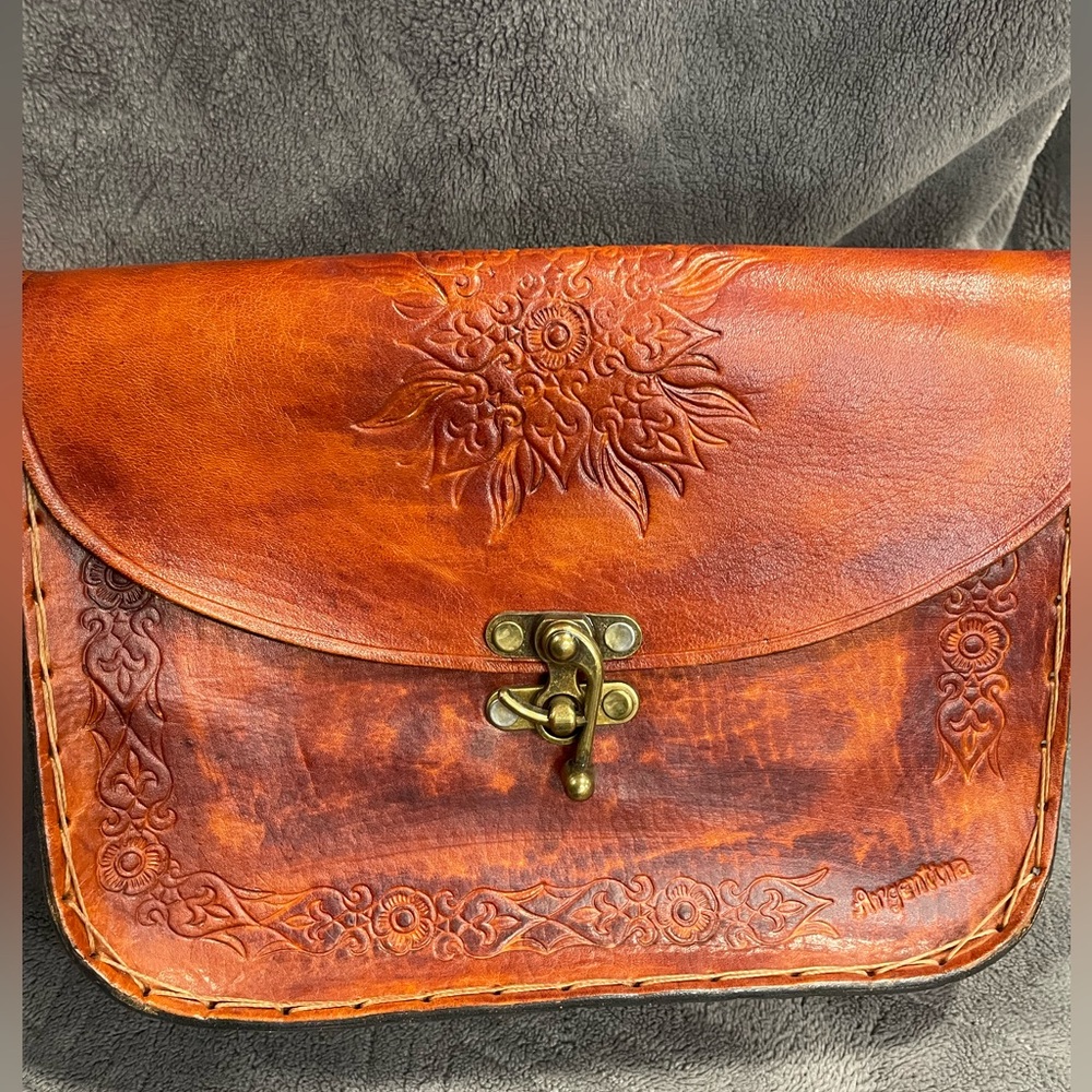 Handmade Argentinian Embossed Crossbody Purse with Brass Clasp